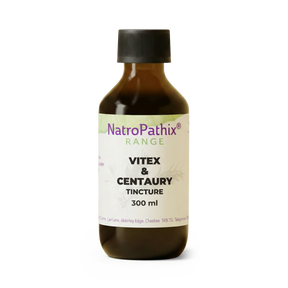 Brown bottle labeled "Vitex and Centaury Tincture - 200/300ml" against a white background, designed to support hormonal balance and ease menopausal symptoms.