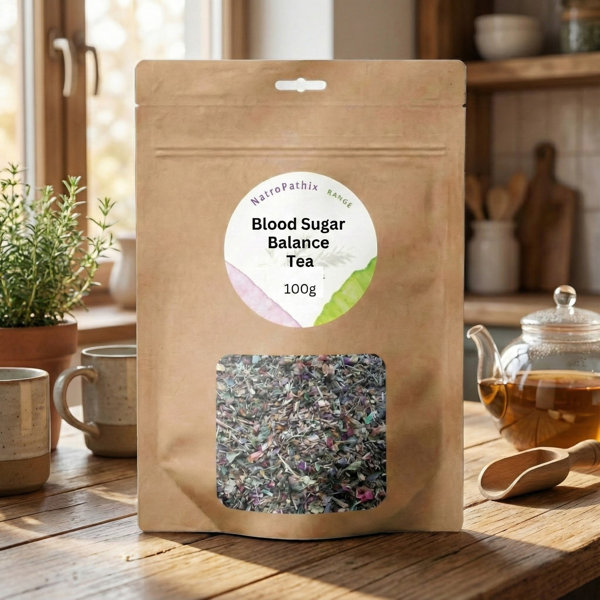 A pack of "Blood Sugar Balance Tea - 100gms," recognized for its natural blood sugar support, rests on a kitchen table alongside mugs and a teapot.