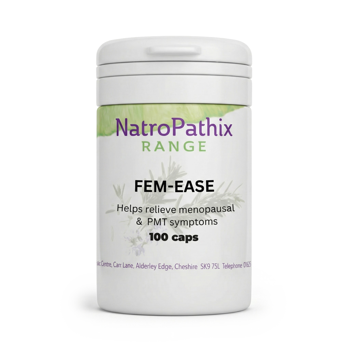 Fem-Ease - 100 Capsules: White bottle for relief from premenstrual and menopausal symptoms.