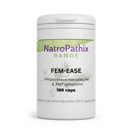 Fem-Ease - 100 Capsules: White bottle for relief from premenstrual and menopausal symptoms.