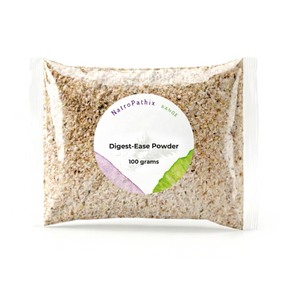 Clear plastic pouch labeled "Digest-Ease Powder," containing 100 grams of beige, coarse Digestive Support Herbal Powder designed to help relieve digestive discomfort and heartburn.