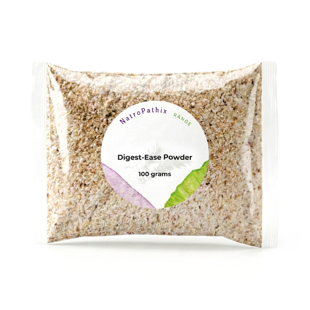 Clear plastic pouch labeled "Digest-Ease Powder," containing 100 grams of beige, coarse Digestive Support Herbal Powder designed to help relieve digestive discomfort and heartburn.