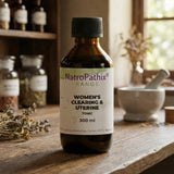A 300ml bottle of Women's Clearing & Uterine Tonic rests on a rustic wooden table, surrounded by herbs and jars.