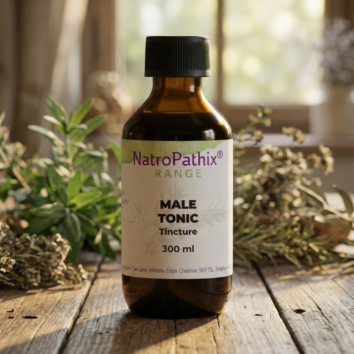 A bottle labeled "Male Tonic - 200/300ml" sits on a wooden table with herbs in the background, emphasizing natural testosterone support and prostate health.