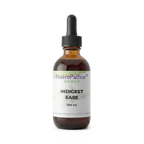 A brown dropper bottle labeled "Indigest-Ease Tincture - 100 ml" is shown against a white background; this herbal tincture provides natural relief from acidity.
