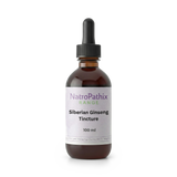 A 100 ml amber bottle of Siberian Ginseng with a black dropper cap, providing powerful adrenal support and boosting the immune system.