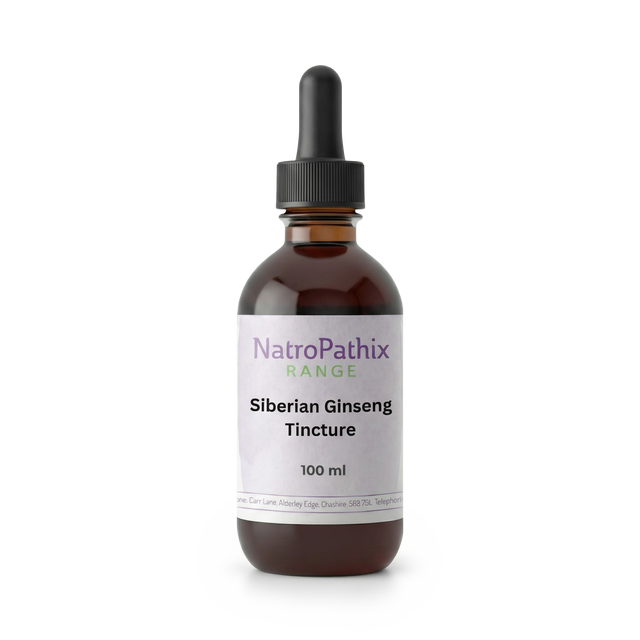 A 100 ml amber bottle of Siberian Ginseng with a black dropper cap, providing powerful adrenal support and boosting the immune system.