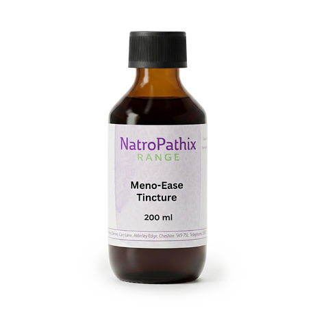 A brown bottle labeled "Meno-Ease Tincture - 200/300ml" with a black cap, containing phyto-oestrogenic herbs to support menopause relief and help ease hot flushes.