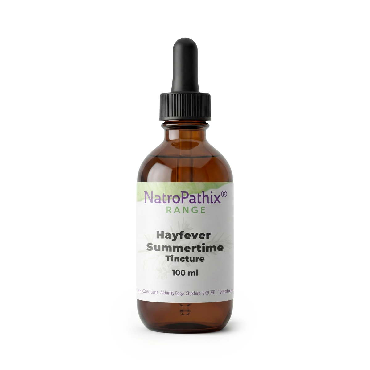 A brown dropper bottle labeled "Summertime Tincture - 50ml" sits on a white background, providing a natural antihistamine solution for hayfever relief.