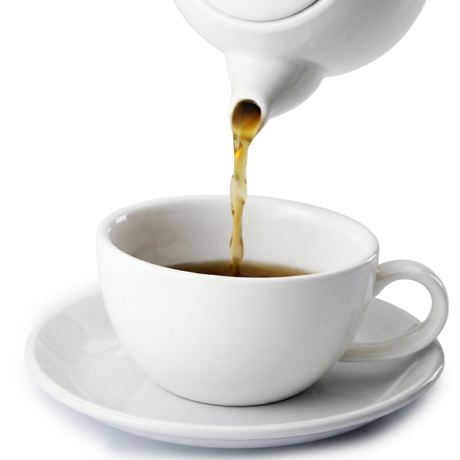 Hayfever Tea - 100gms being poured from a teapot into a white cup and saucer on a white background, ideal for natural antihistamine support and hayfever relief.