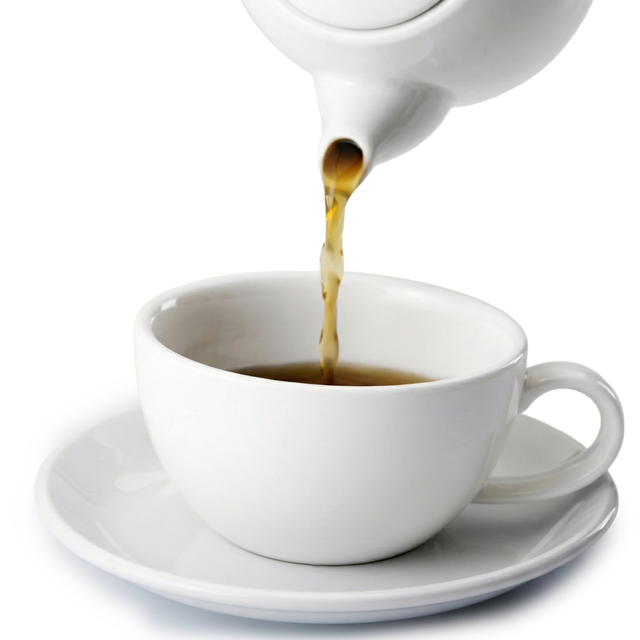 Hayfever Tea - 100gms being poured from a teapot into a white cup and saucer on a white background, ideal for natural antihistamine support and hayfever relief.