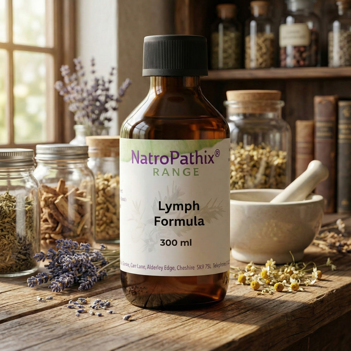 A bottle labeled "Lymph Formula - 200/300ml" rests on a rustic table with herbs and a mortar and pestle, offering lymphatic system detox support for individuals with swollen lymph nodes.