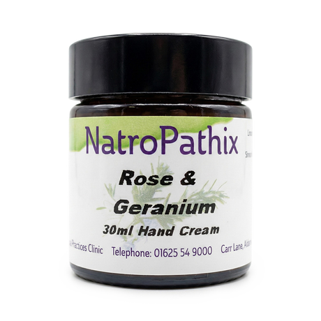 A jar of NatroPathix Rose & Geranium 30ml Hand Cream with a black lid and white label, ideal to pair with the Bounce Back Kit - Get Well Faster! for everyday wellness.