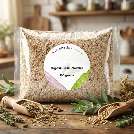 A bag labeled "Digest-Ease Powder" sits on a wooden table with herbs and seeds scattered around, highlighting this herbal powder for digestive support and gentle heartburn relief.