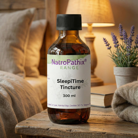 A bottle of SleepiTime Tincture sits on a bedside table next to a book and a calming lavender plant, providing a gentle herbal sleep aid for restful nights.