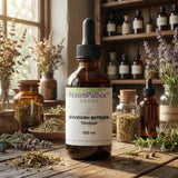 A bottle of Swedish Bitters Tincture (100/200/300ml) rests on a rustic table with herbs and apothecary jars, evoking the tradition of this classic herbal tonic valued for digestive health support.