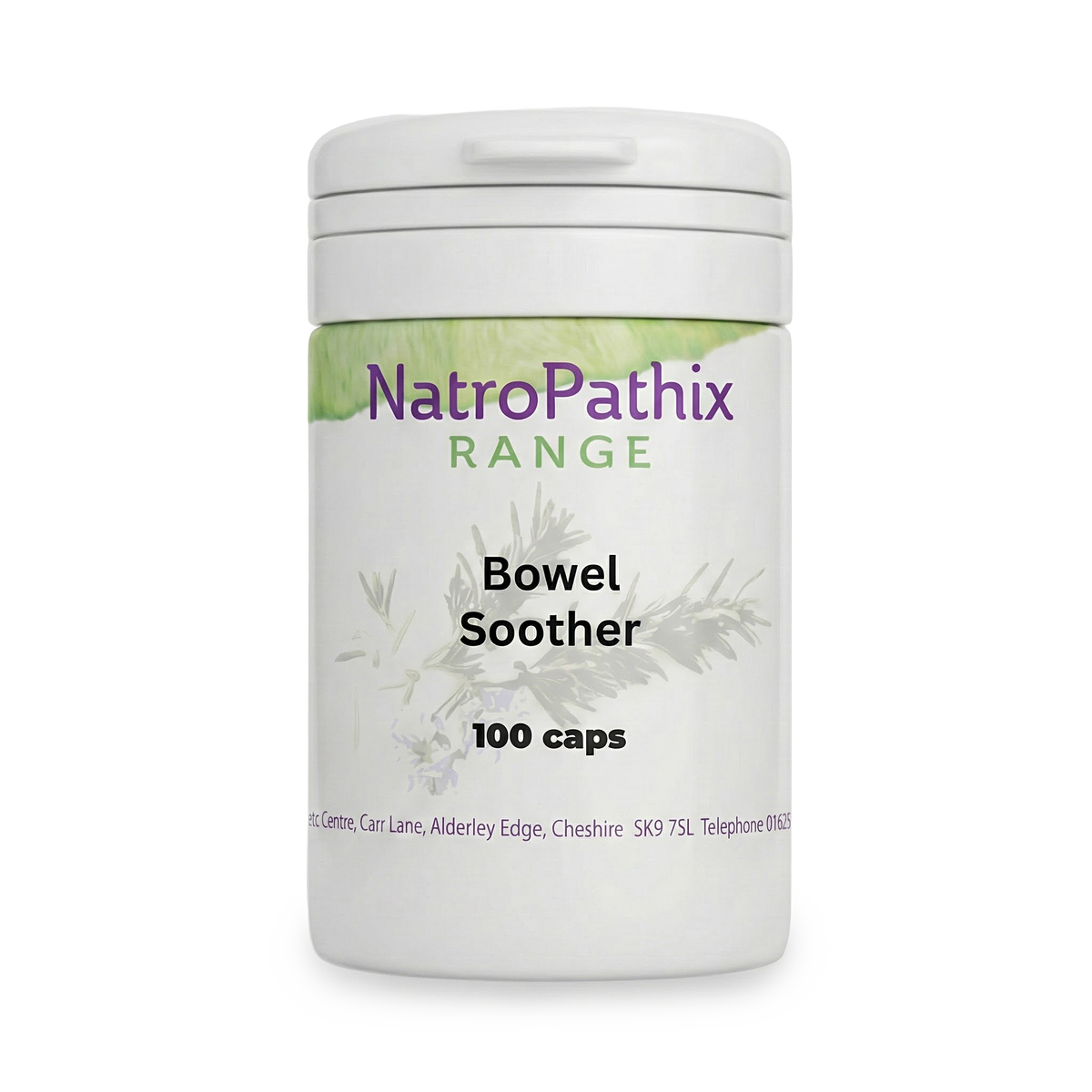 White bottle labeled "Bowel Soother - 100 Caps" with green and black text, formulated to support IBS relief and help soothe abdominal cramps.