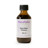 A brown bottle labeled "Gout-Ease Tincture - 200/300ml" with a black cap, formulated to help reduce uric acid for effective gout relief.