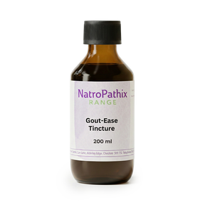 A brown bottle labeled "Gout-Ease Tincture - 200/300ml" with a black cap, formulated to help reduce uric acid for effective gout relief.