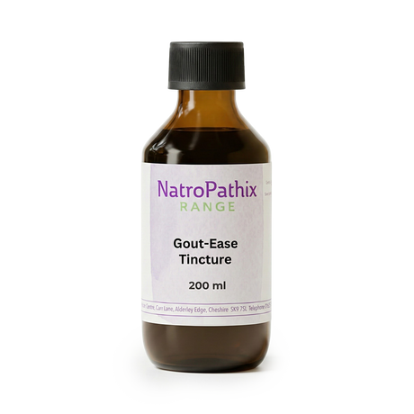 A brown bottle labeled "Gout-Ease Tincture - 200/300ml" with a black cap, formulated to help reduce uric acid for effective gout relief.