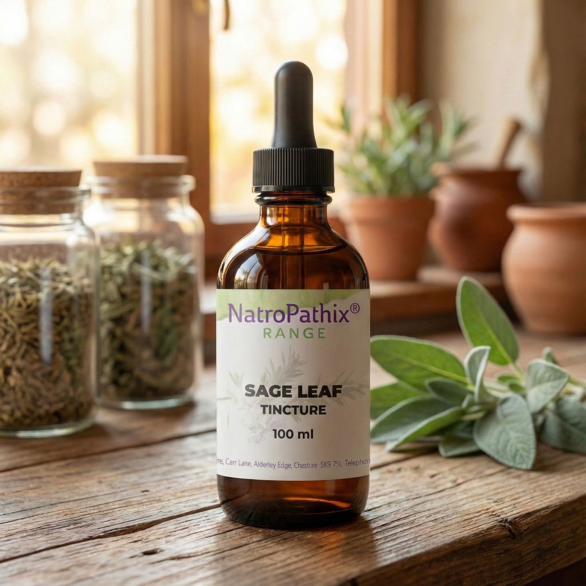 A 100 ml amber bottle labeled "Sage Tincture" sits beside sage leaves and jars of dried herbs on a wooden table, highlighting its antioxidant benefits and traditional use for easing menopausal symptoms.