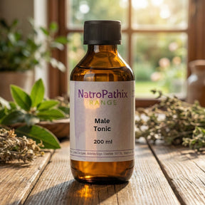 A bottle labeled "Male Tonic - 200/300ml" rests on a wooden table with herbs and plants nearby, supporting prostate health and natural testosterone levels.