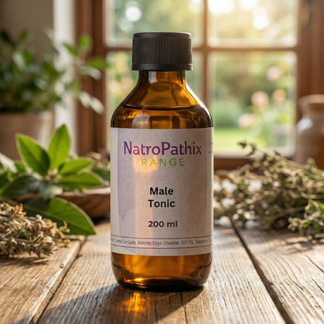 A bottle labeled "Male Tonic - 200/300ml" rests on a wooden table with herbs and plants nearby, supporting prostate health and natural testosterone levels.