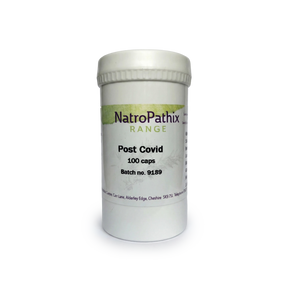 A white bottle labeled "Post Covid - 100 Caps" on a plain background. These adaptogenic capsules are designed to support recovery after COVID.