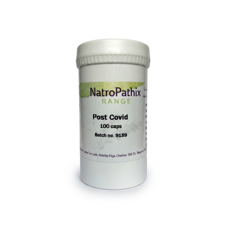 A white bottle labeled "Post Covid - 100 Caps" on a plain background. These adaptogenic capsules are designed to support recovery after COVID.
