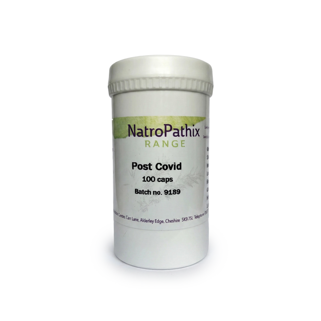A white bottle labeled "Post Covid - 100 Caps" on a plain background. These adaptogenic capsules are designed to support recovery after COVID.