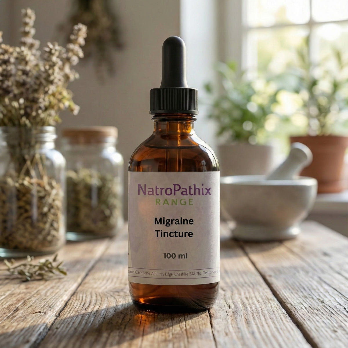 A 100 ml amber dropper bottle labeled "Migraine Tincture" rests on a wooden table beside medicinal herbs and a mortar, hinting at natural relief for migraines.
