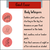Infographic titled "Gout-Ease Tincture - 200/300ml" lists symptoms like joint pain, swelling, and worse pain at night or after meals, plus tips to lower uric acid for improved gout relief.