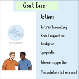 Two smiling men stand together beside a Gout-Ease Tincture - 200/300ml action list showing anti-inflammatory benefits and tips to lower uric acid for effective gout relief.