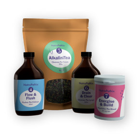 DETOX: Kidney & Lymph Part 2 Herbal Detox includes bottles and a tea bag, carefully formulated for an effective herbal detox and gentle kidney cleanse.