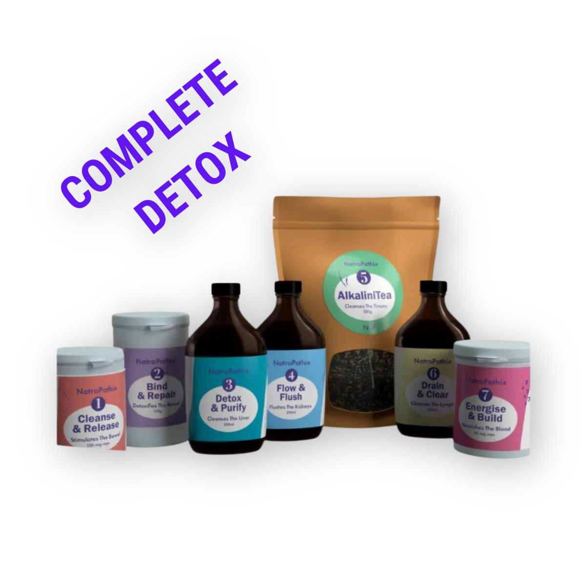 DETOX: Complete Herbal Detox (Parts 1 & 2) features seven products with colorful labels and bold purple "COMPLETE DETOX" text—perfect for a full body cleanse or a 12-week detox program.