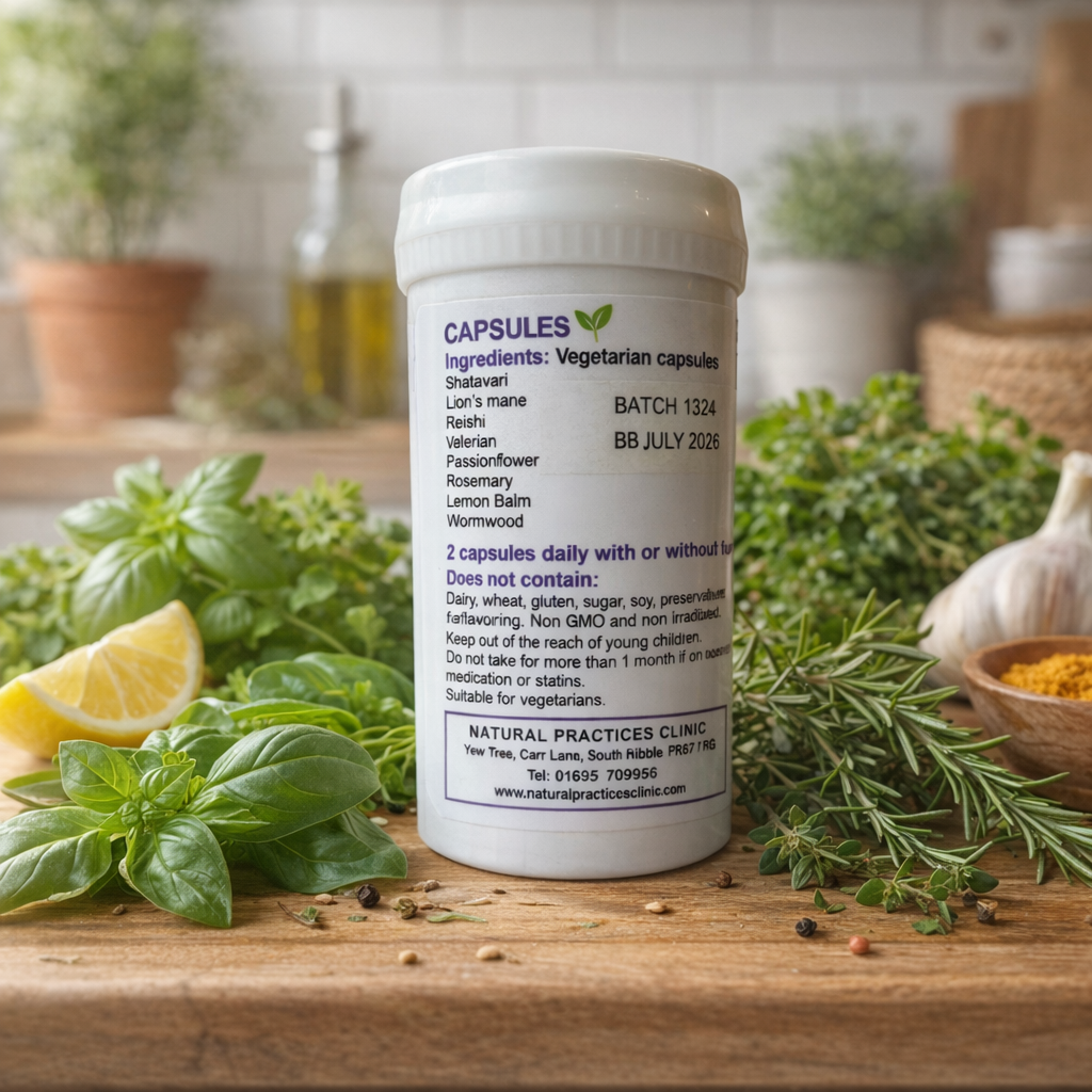 A white bottle labeled "Hormone Balance Capsules - 100" sits on a wooden table with herbs and spices in the background, suggesting adaptogenic herbal supplement benefits.