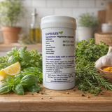 A white bottle labeled "Hormone Balance Capsules - 100" sits on a wooden table with herbs and spices in the background, suggesting adaptogenic herbal supplement benefits.