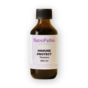 Brown bottle labeled "Immune Protect Tincture - 200/300ml" with a black cap on a white background, featuring immune support ingredients such as elderberry and echinacea.