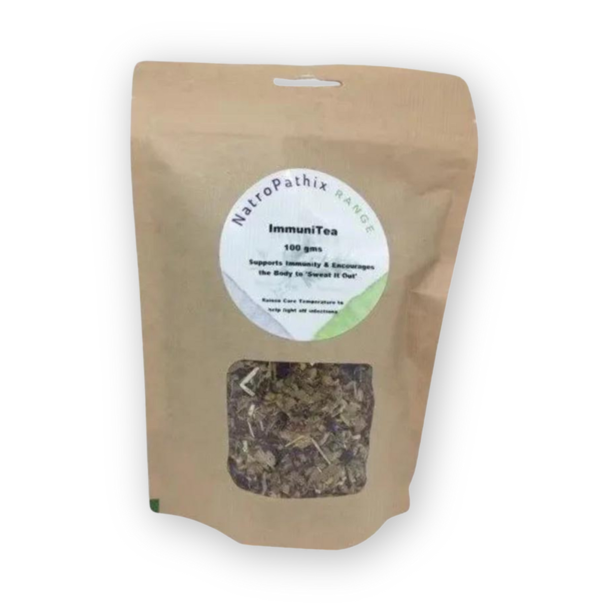 A brown resealable bag of ImmuniTea - 100gms herbal tea, with a clear window displaying dried leaves, crafted to support the immune system.