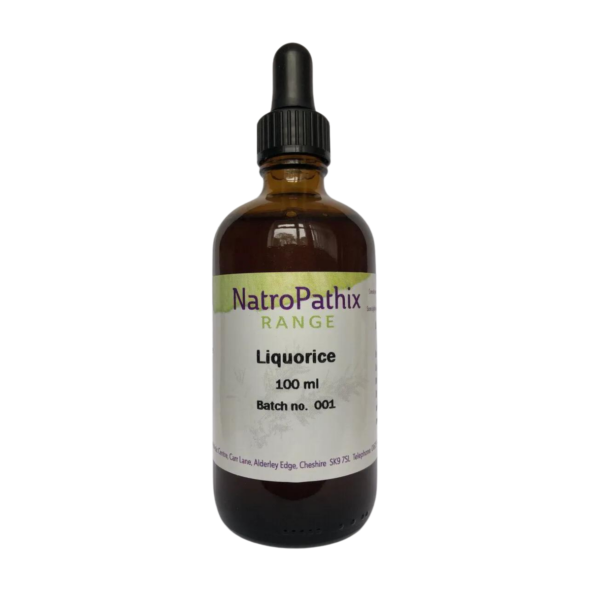 A brown glass dropper bottle labeled "NatroPathix Range Liquorice 100ml, Batch no. 001" on a white background, featuring Liquorice Root - Tincture, Herbal Tea or Powder, traditionally used for gastrointestinal issues.