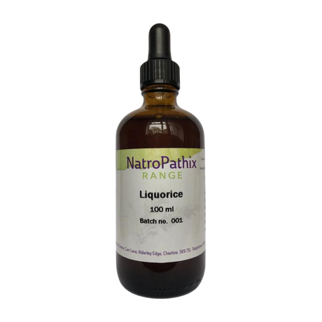 A brown glass dropper bottle labeled "NatroPathix Range Liquorice 100ml, Batch no. 001" on a white background, featuring Liquorice Root - Tincture, Herbal Tea or Powder, traditionally used for gastrointestinal issues.