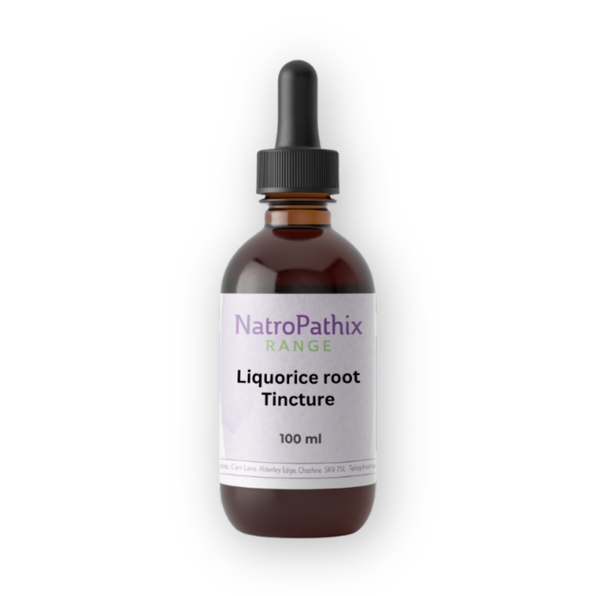 Amber glass dropper bottle labeled "Liquorice Root - Tincture, Herbal Tea or Powder" on a white background, ideal for those seeking natural support for acid reflux or heartburn.