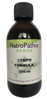 Brown bottle labeled "Lymph Formula - 200ml" with a white and green label, designed to support lymphatic system detox and help with swollen lymph nodes.