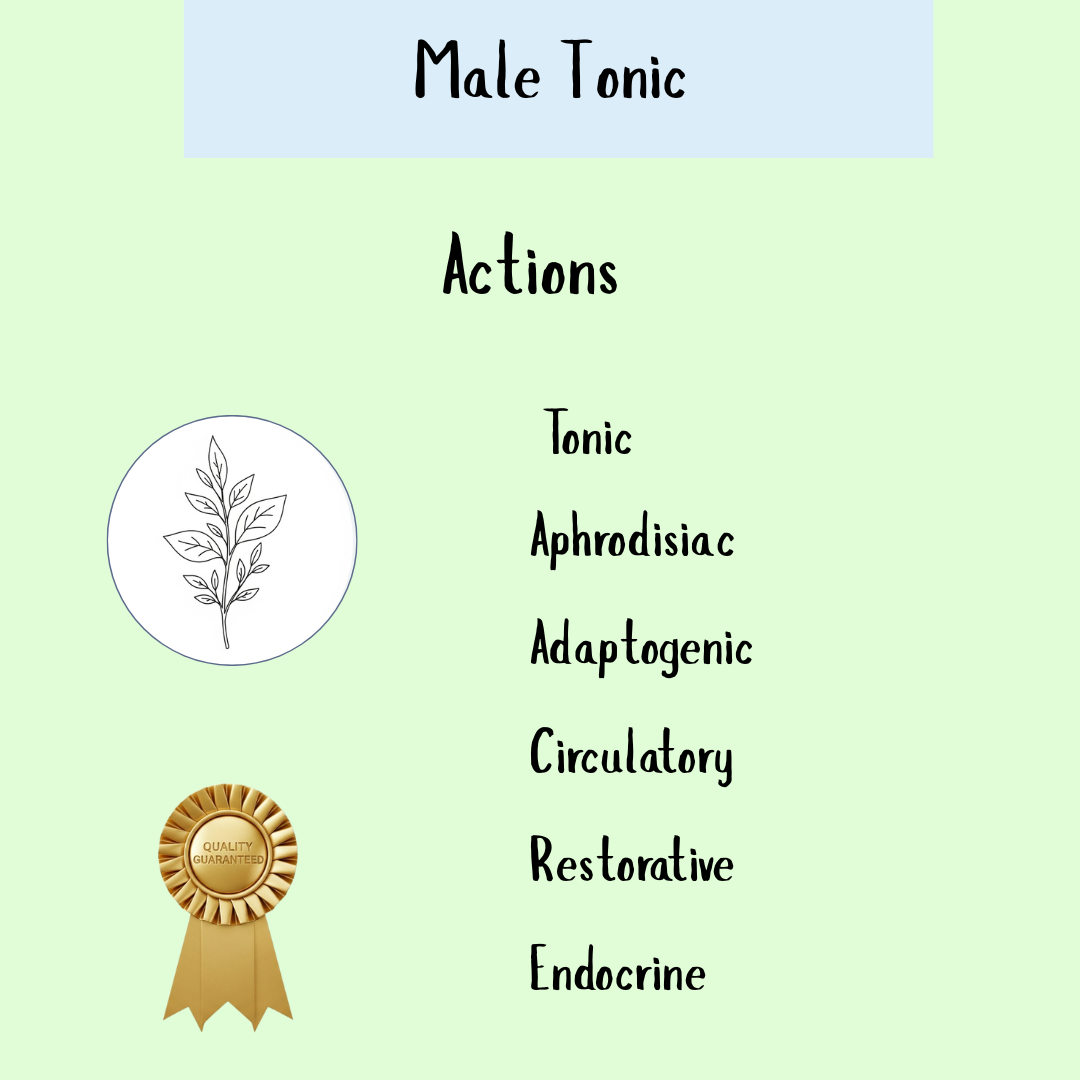 Male Tonic - 200 & 300ml: A herbal tincture with tonic, aphrodisiac, adaptogenic, circulatory, restorative, and endocrine actions—supports prostate health and vitality for men. Features a leaf design and quality ribbon.