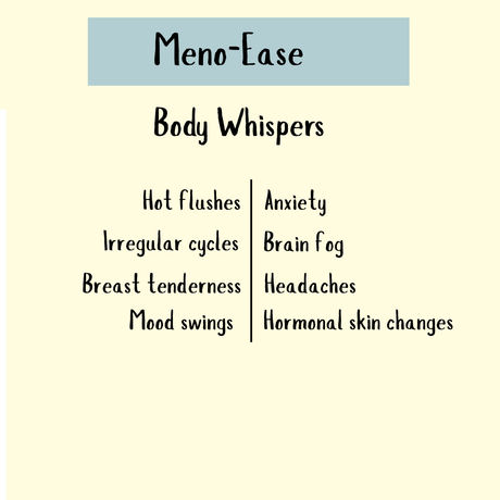 Text graphic titled "Meno-Ease Body Whispers" lists menopause symptoms—hot flushes, anxiety, headaches—and highlights how Meno-Ease Tincture (200/300ml) with phyto-oestrogenic herbs can support natural menopause relief.