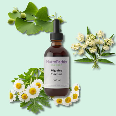 A brown dropper bottle labeled “Migraine Tincture - 100 ml” is shown with medicinal herbs and flowers, emphasizing natural migraine relief on a light green background.