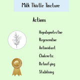 Milk Thistle Tincture is featured as a natural hangover remedy and supports liver detox. The design includes a leaf sketch and gold quality ribbon on a light green background, highlighting its benefits.