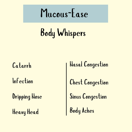 A text graphic lists symptoms like catarrh, infection, runny nose, heavy head, congestion, and body aches, with tips for mucous relief and airway clearing using Mucous-Ease Tincture (200/300ml).