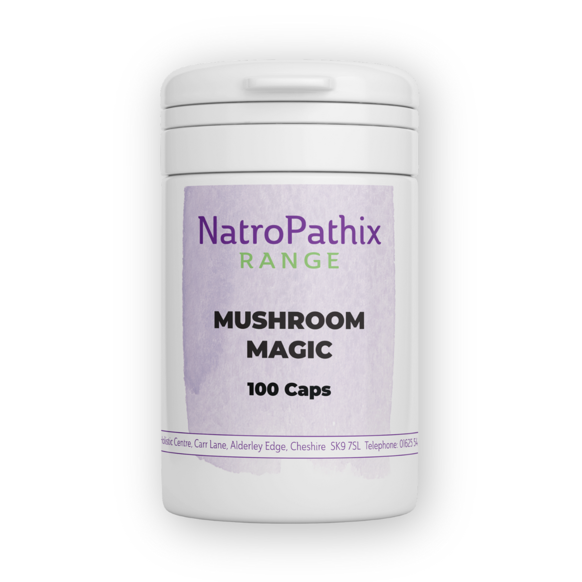 White bottle labeled "Mushroom Magic - 100 Medicinal caps" with a purple and green design, formulated with medicinal mushrooms to support immune health.