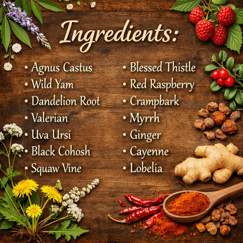 PMTonic - 200/300ml: A wooden table displays herbs, berries, roots, and a white-text list of 13 natural ingredients, all focused on supporting the menstrual cycle and hormonal balance.